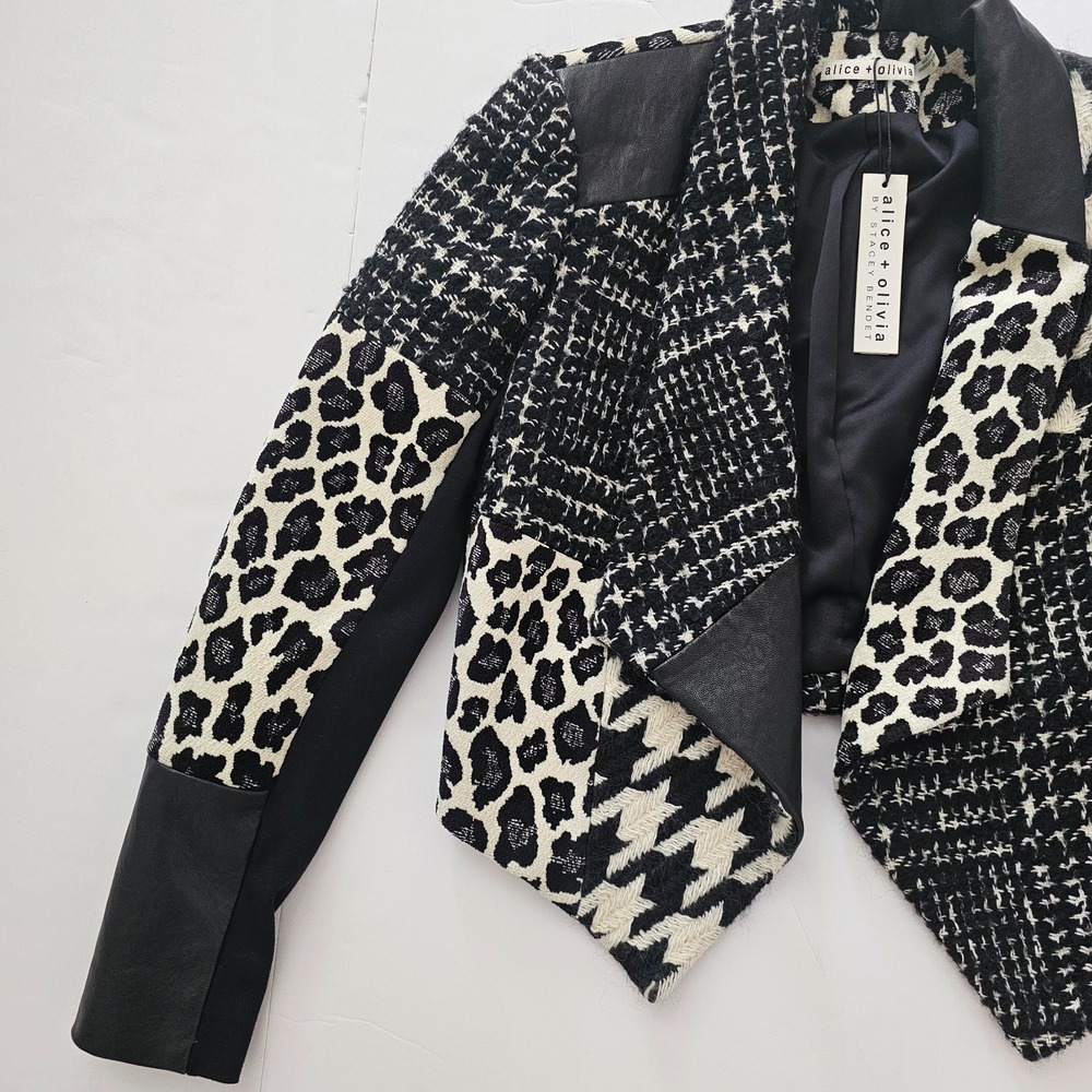 Alice + Olivia Small Harvey Cropped Tweed Leather Leopard Jacket Patchwork NWT - Picture 7 of 12